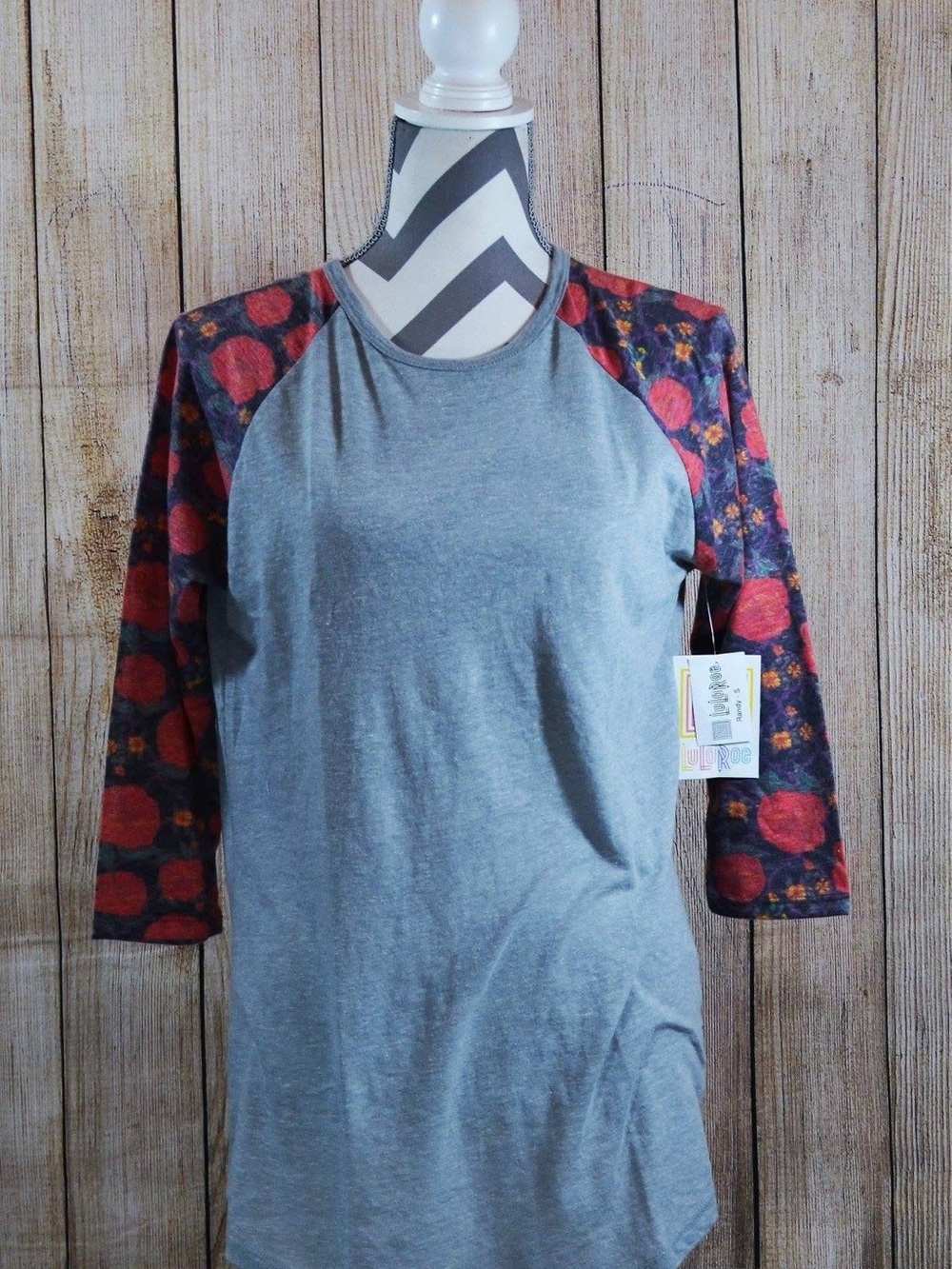 LuLaRoe Randy Gray Raglan Top with Pinky and Yellow Floral Sleeves
